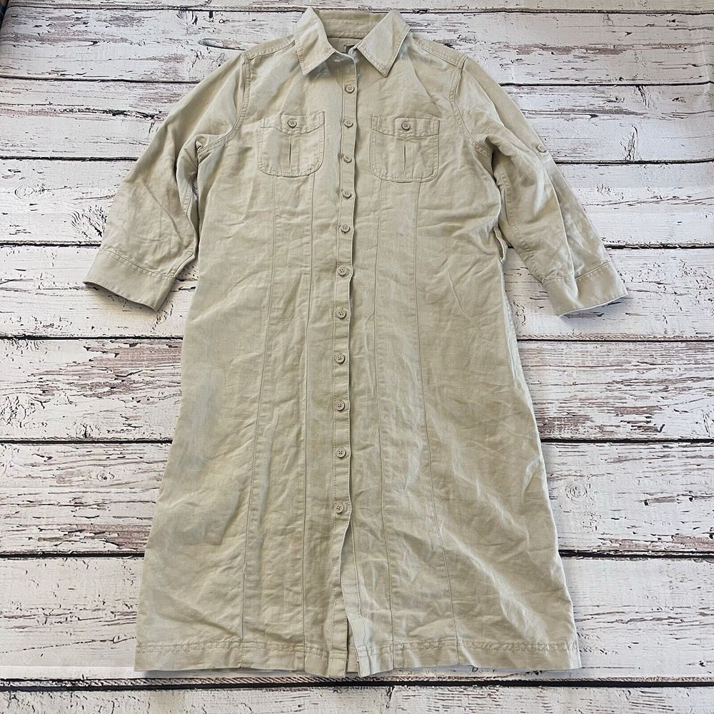 L.L. Bean Signature Shirt Dress Womens Medium Beige Linen Blend Button‎ Front